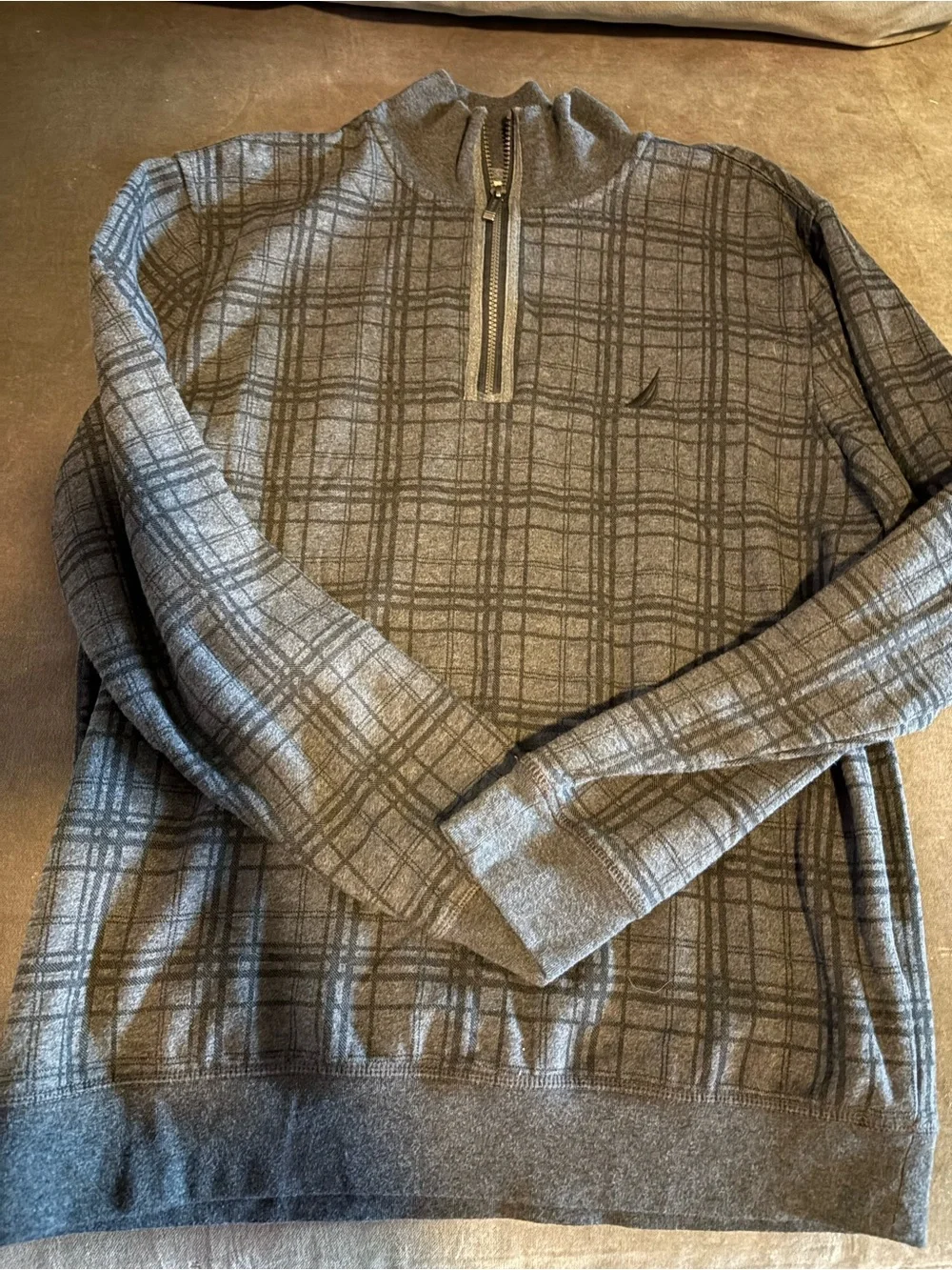 Nautica Men's Gray Plaid Quarter-Zip Sweater
